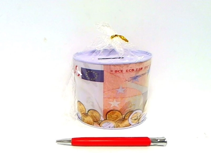 Pușculiță metalică cu motiv de bancnote euro