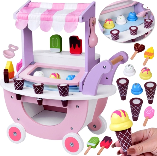 Stand mobil din lemn pentru înghețată, pentru copii, cu set