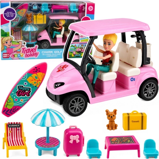 Set de golf cu cărucior de golf roz, păpușă, cățel și accesorii de vacanță