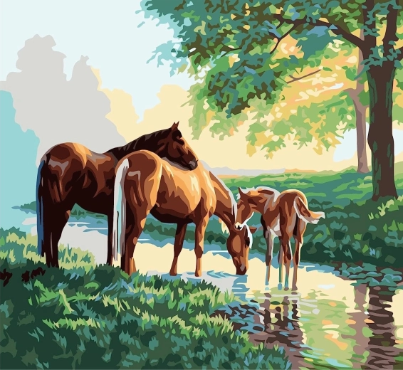 Pictură pe numere Familia de cai lângă pârâu 40 × 50 cm