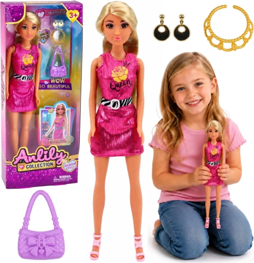Păpușă la modă Anlily în rochie roz, cu geantă și bijuterii, 30 cm