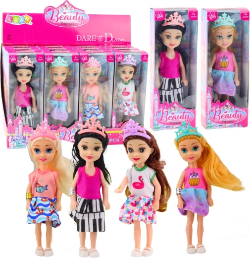 Mini păpușă prințesă cu coroană rochie colorată 14 cm