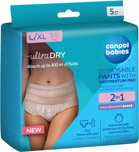 Canpol babies chiloți postpartum de unică folosință cu absorbant integrat 2‑în‑1 L/XL, 5 buc