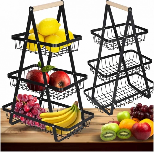 Coș de fructe metalic pe trei niveluri cu mâner din lemn, negru