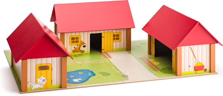 Ferma din lemn cu trei clădiri și covoraș de joacă