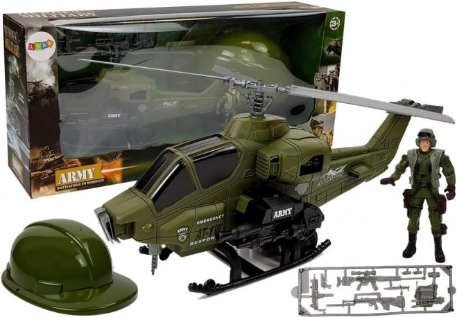 Set militar cu elicopter, cască și soldat