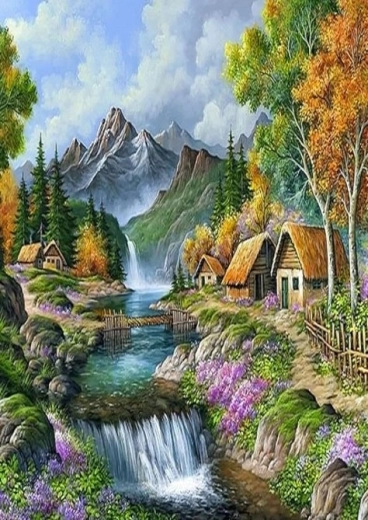 Norimpex pictură cu diamante Căsuțe în munți 30 × 40 cm