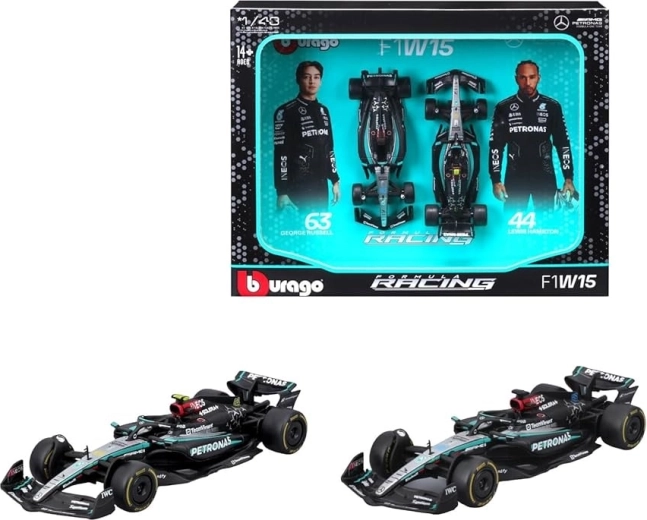 Set de curse Bburago 1:43 MERCEDES-AMG F1 W15 – Lewis Hamilton și George Russell (2024)