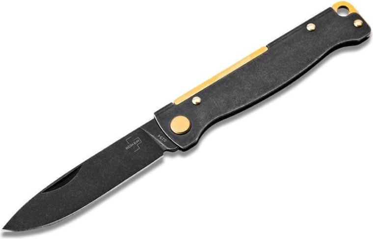 Cuțit de buzunar Böker Plus Atlas, 7,2 cm, finisaj negru Blackwash, elemente din alamă