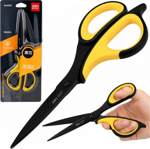 Foarfecă de birou Deli din oțel inoxidabil negru-galben 18,4 cm - 1 bucată