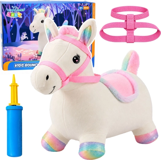Unicorn gonflabil săltăreț din pluș pentru copii, alb, 60 cm