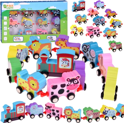 Trenuleț colorat din lemn cu animăluțe