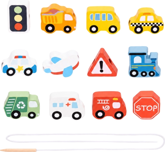 13 piese din lemn cu tematică de transport