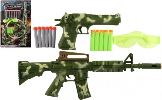 Pistol și pușcă din plastic cu gloanțe din spumă și ochelari de protecție