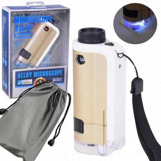 Microscop metalic de buzunar pentru copii 100x–250x cu LED