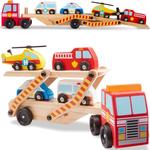 Melissa & Doug transportor din lemn pentru vehicule de intervenție cu mașinuțe (6 piese)