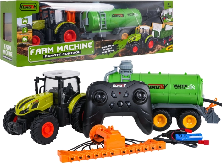 Tractor controlat de la distanță cu cisternă și greblă de fân, la scara 1:24