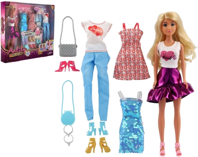 Păpușa Anlily 28 cm cu haine și accesorii de modă în cutie