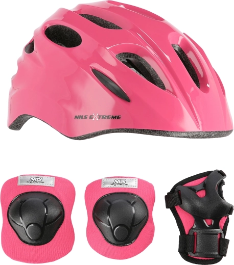 Set pentru copii: cască și protecții NILS Extreme, roz – Mărimea XS