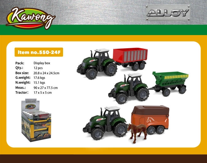 Tractor cu remorcă din metal și plastic, 17 cm