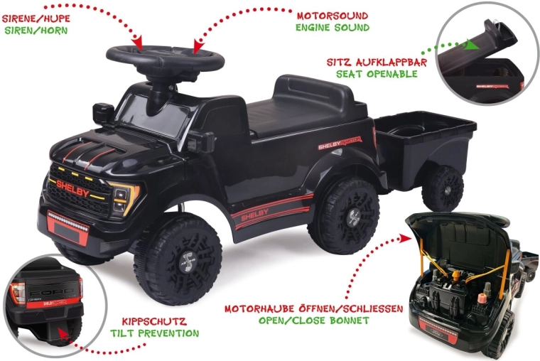 Mașinuță de împins Shelby Ford F-150 Raptor cu remorcă, neagră