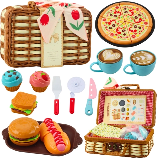 Coș de picnic pentru copii, 33 piese – coș împletit, mâncare și accesorii