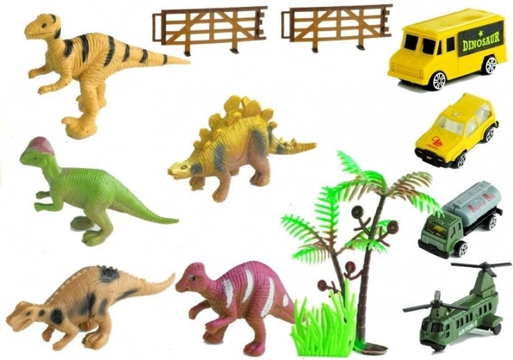 Set bogat de dinozauri, vehicule și accesorii
