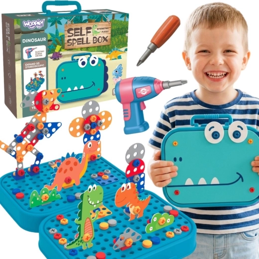 Woopie set de mic meșter 3D – construcție dino cu șuruburi și bormașină în valiză
