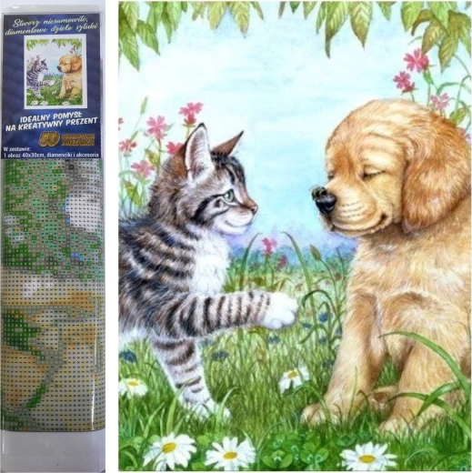 Pictură cu diamante Cățeluș și pisoi 30 × 40 cm