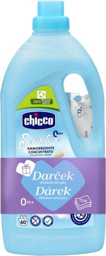 Chicco balsam Baby Sensitive Pudră dulce 1,5 l (60 spălări) + șervețele umede 72 buc