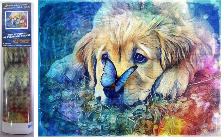 Pictură cu diamante – câine cu papion 30 × 40 cm