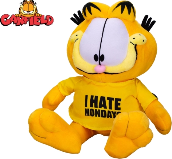 Pisica de pluș Garfield 24 cm – așezată, tricou I hate Mondays