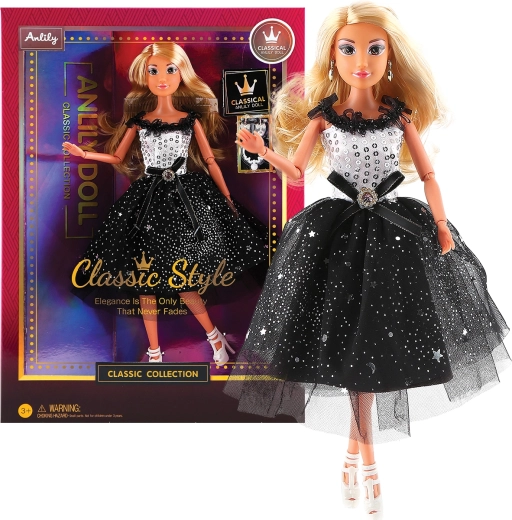 Păpușă la modă în rochie elegantă alb‑negru