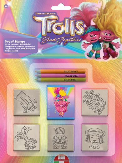 Set de ștampile Trolls – 5 ștampile și 3 carioci