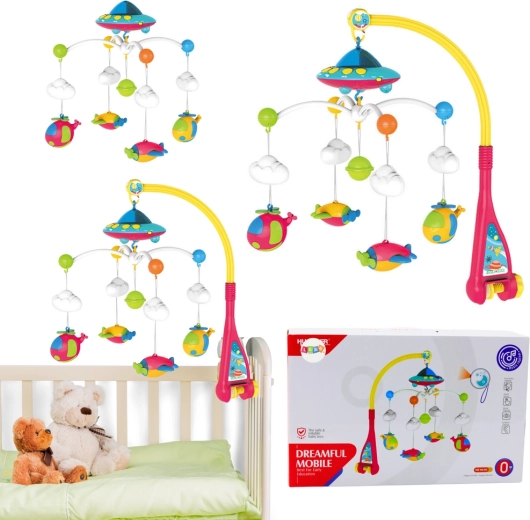 Carusel pentru pătuț copii UFO cu avioane și proiector