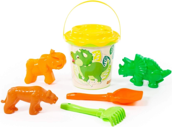 Set pentru copii pentru nisip Dino – găletușă, lopățică, grebluță și forme