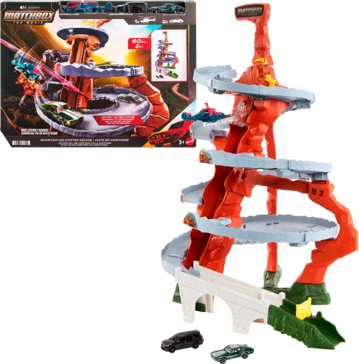 Matchbox The Movie pistă montană de urmărire cu elicopter – set de joacă (pistă + 2 mașinuțe + elicopter)