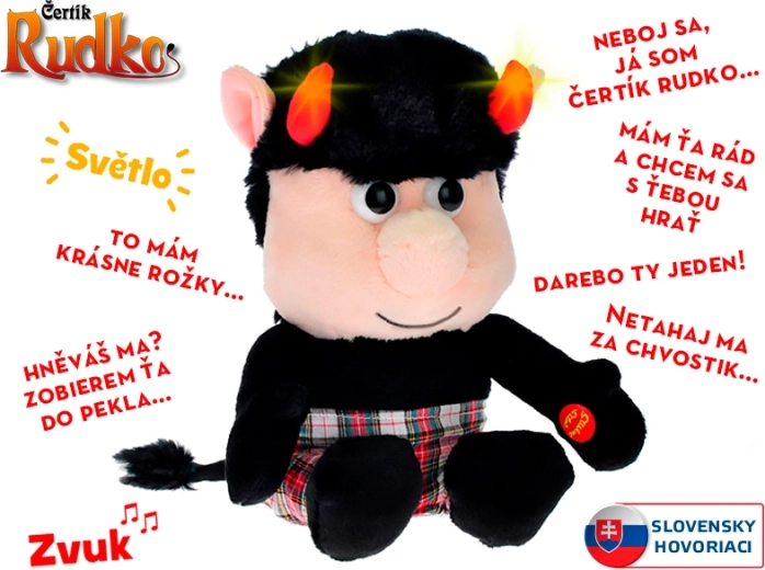 Drăcușor interactiv din pluș Rudko 20 cm cu coarne luminoase și fraze slovace