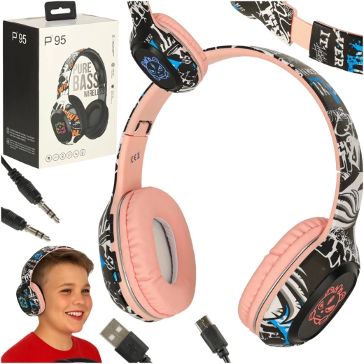 Căști Bluetooth wireless roz, cu RGB și iluminare de fundal