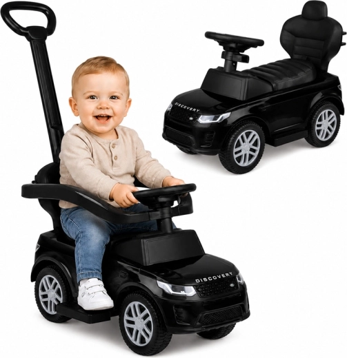 Mașinuță pentru copii tip ride-on și cărucior cu mâner de împingere 2în1 Range Rover Discovery negru, cu sunete