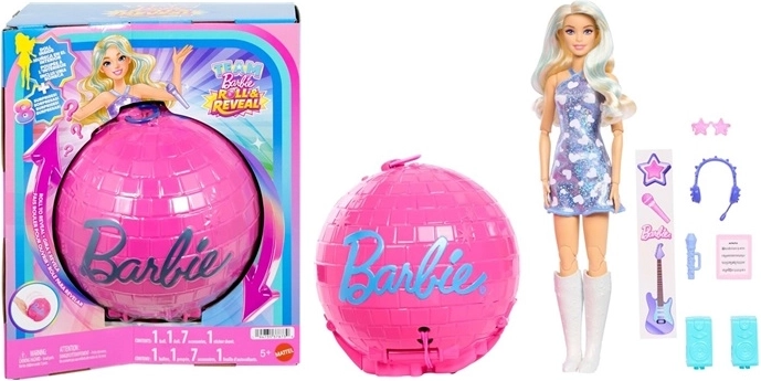 Barbie Team Roll and Reveal Popstar – păpușă în minge cu surpriză