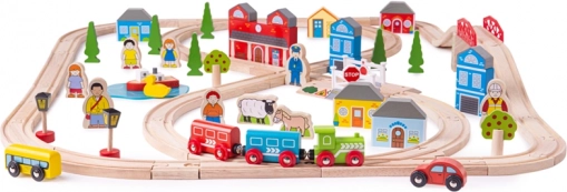 Circuit feroviar din lemn oraș și sat BIGJIGS RAIL, 91 piese