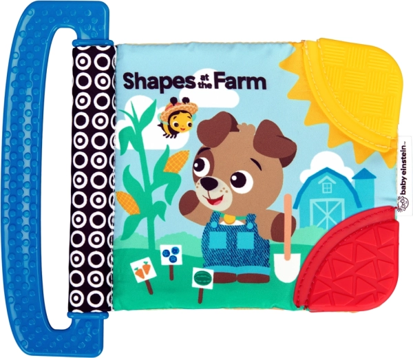 Baby Einstein carte moale cu elemente de dentiție și texturi Shapes at the Farm de la naștere