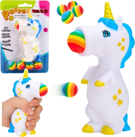 Unicorn din cauciuc care lansează mingi – jucărie pentru copii (5 mingi)