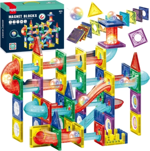 Woopie set magnetic de construcție, pistă 3D pentru bile, 105 piese