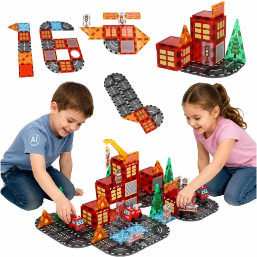 Cuburi magnetice de construcție 3D – stație de pompieri, 92 de piese