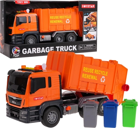 Mașină de gunoi portocalie cu funcție sonoră + accesorii
