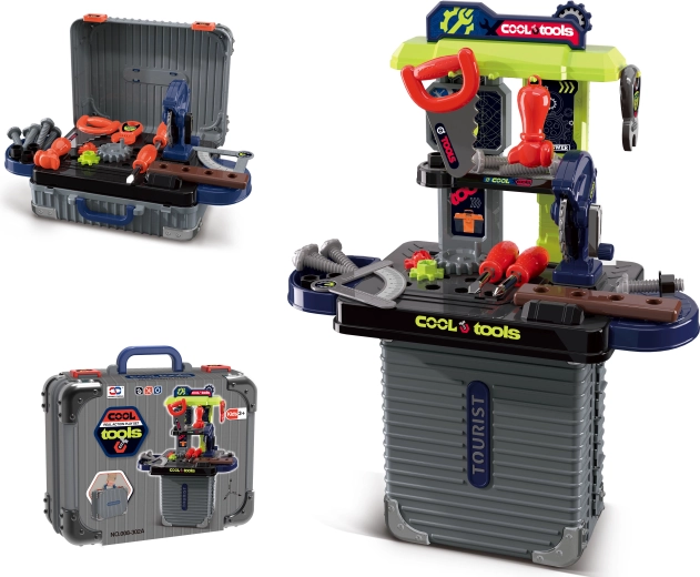 Geantă 2‑în‑1 mică și banc de lucru pentru copii cu unelte