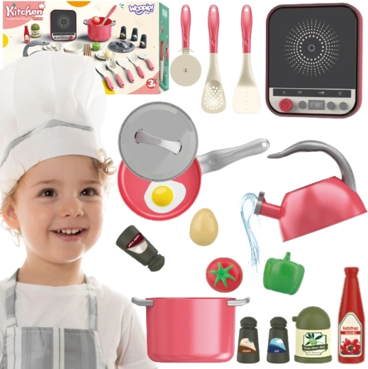 Set de bucătărie pentru copii Woopie cu plită cu inducție, culoare roz, 30 de piese