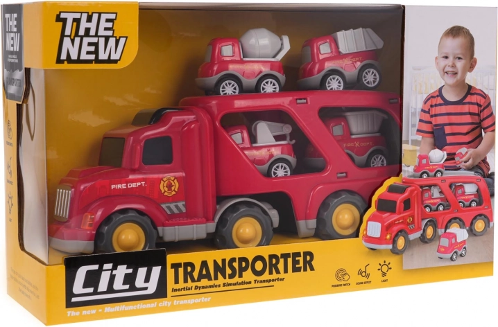 Set vehicule de pompieri cu camion – transportor și 4 mașinuțe cu lumini și sunete